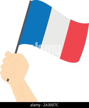 Hand holding and raising the national flag of France Stock Vector