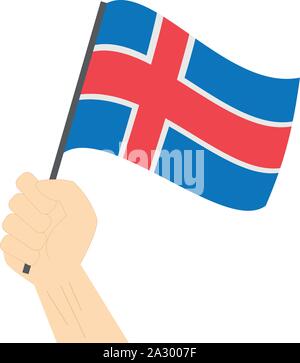 Hand holding and raising the national flag of Iceland Stock Vector