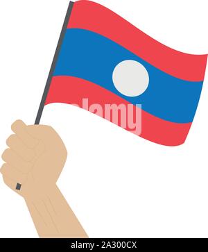 Hand holding and raising the national flag of Laos Stock Vector