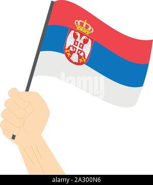 Hand holding and raising the national flag of Serbia Stock Vector