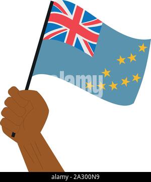 Hand holding and raising the national flag of Tuvalu Stock Vector
