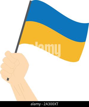 Hand holding and raising the national flag of Ukraine Stock Vector