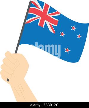 Hand holding and raising the national flag of New Zealand Stock Vector