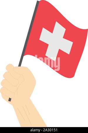 Hand holding and raising the national flag of Switzerland Stock Vector