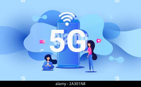 Creative 5G network wireless technology concept of people with gadgets use high speed Internet. Marketing website landing template. Stock Vector