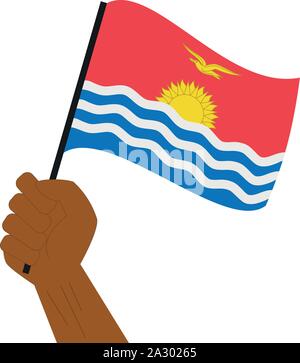 Hand holding and raising the national flag of Kiribati Stock Vector
