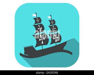 Sailing ship flat icon with long shadow. Columbus Day. Vector illustration Stock Vector