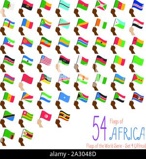 Set of 54 flags of Africa. Hand raising the national flags of 54 countries of Africa. Icon set Vector Illustration. Stock Vector