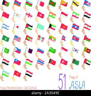 Set of 51 flags of Asia. Hand raising the national flags of 51 countries of Asia. Icon set Vector Illustration. Stock Vector