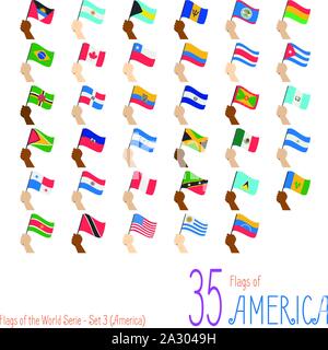 Set of 35 flags of America. Hand raising the national flags of 35 countries of America. Icon set Vector Illustration. Stock Vector