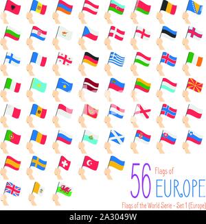 Set of 56 flags of Europe. Hand raising the national flags of 56 countries of Europe. Icon set Vector Illustration. Stock Vector