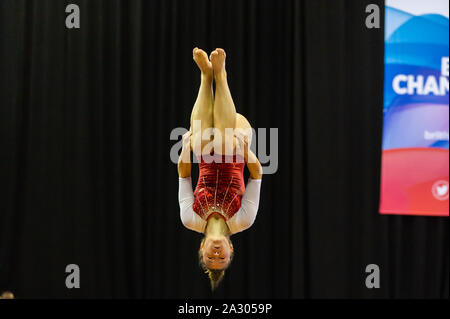 Birmingham, England, UK. 28 September 2019. Lily May Titley (Milton Keynes Gymnastics Club) in action during the Trampoline, Tumbling and DMT British Championship Qualifiers at the Arena Birmingham, Birmingham, UK. Stock Photo