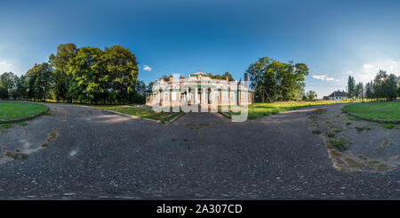 360 degree panoramic view of full seamless spherical hdri panorama 360 degrees angle view near abandoned homestead castle with columns in equirectangular spherical projection with