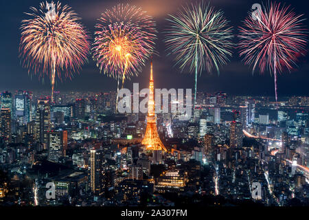 Tokyo at night, Fireworks new year celebrating over tokyo cityscape at night in Japan Stock Photo