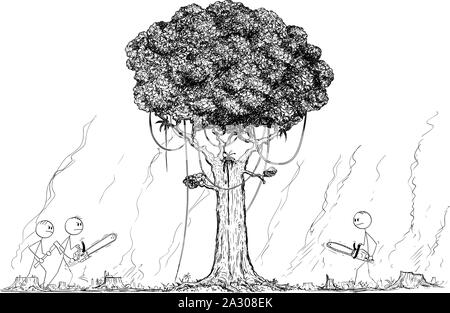Vector cartoon stick figure drawing conceptual illustration of group of lumberjacks going to cut or chop down the last remaining tree from rain forest. Climate and nature preservation concept. Stock Vector