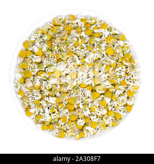 Dried chamomile blossoms in white bowl. Camomile tea, flowers of Matricaria chamomilla, used for herbal infusions and in traditional medicine. Stock Photo