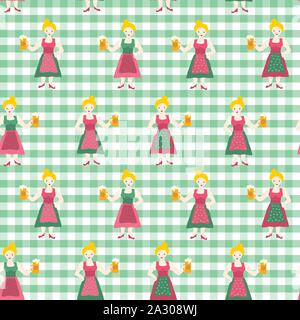Oktoberfest seamless vector background. Oktoberfest repeating pattern. Woman in traditional Dirndl dress holding a beer glass. Green white checkered Stock Vector