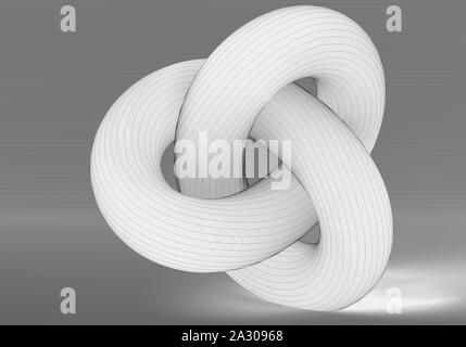 White torus knot with black wire-frame lines, geometrical representation of parametric surface over gray background. 3d rendering illustration Stock Photo