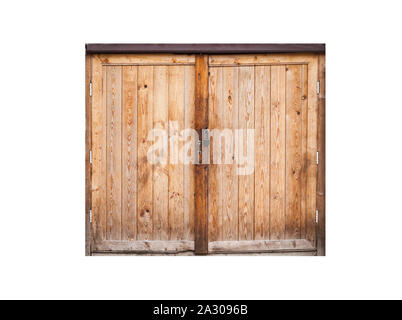 Locked old wooden gate isolated on white background, photo texture, front view Stock Photo