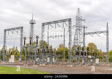 Power transformer in high voltage switchyard in modern electrical substation Stock Photo