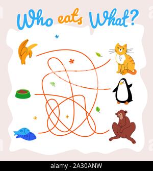 Who eats what maze, labyrinth vector template Stock Vector