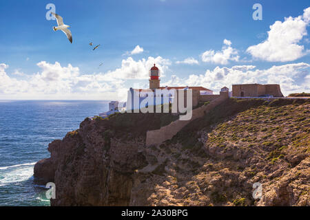 Lighthouse of Cabo Sao Vicente, Sagres, Portugal. Farol do Cabo Sao Vicente (built in october 1851) Cabo de Sao Vicente is the South Western tip of Eu Stock Photo