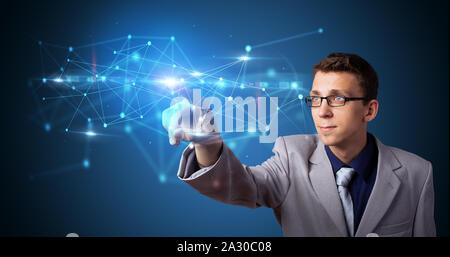 Man touching hologram screen displaying modern web system Stock Photo