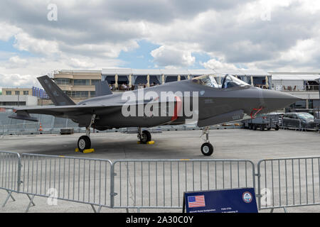 LE BOURGET PARIS - JUN 20, 2019: US Air Force Lockheed Martin F-35 Lightning II stealth fighter jet from Hill AFB on display at the Paris Air Show. Stock Photo