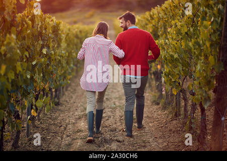 Wine and grapes. Smiling man and woman walking in between rows of vines Stock Photo