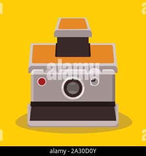 vintage retro foldable compact camera flat style isolated icon with shadow in yellow background Stock Vector