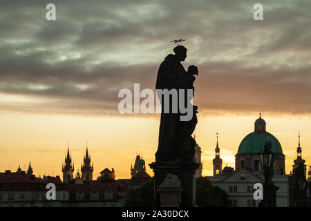 Sunrise on Charles Bridge in Prague, Czechia. Stock Photo