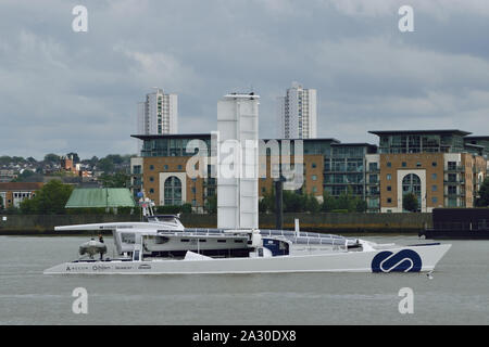 Hydrogen powered vessel Energy Observer arrives on the Thames in London as part of global tour promotion clean technology Stock Photo