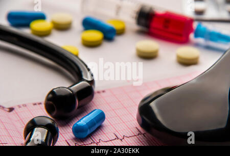 plastic syringe, pills and stethoscope on cardiogram Stock Photo