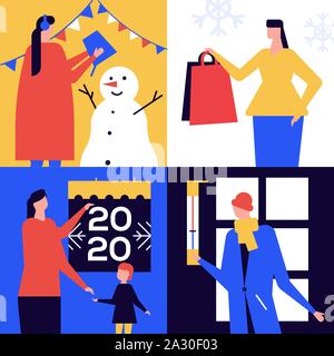 Winter season leisure time colorful illustrations set Stock Vector