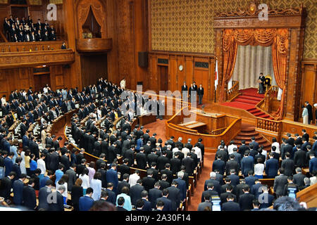 Tokyo, Japan. 04th Oct, 2019. Japan's Emperor Naruhito officially declares the opening of the 200th Extraordinary Diet session in Tokyo, Japan, on Friday, October 4, 2019. Photo by Mori Keizo/UPI Credit: UPI/Alamy Live News Stock Photo