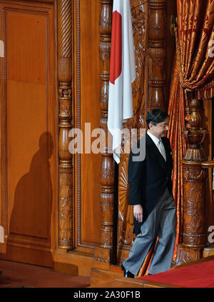 Tokyo, Japan. 04th Oct, 2019. Japan's Emperor Naruhito officially declares the opening of the 200th Extraordinary Diet session in Tokyo, Japan, on Friday, October 4, 2019. Photo by Mori Keizo/UPI Credit: UPI/Alamy Live News Stock Photo