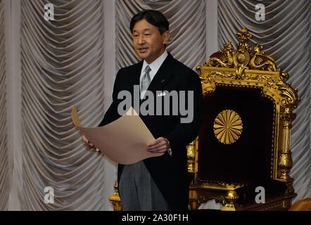 Tokyo, Japan. 04th Oct, 2019. Japan's Emperor Naruhito officially declares the opening of the 200th Extraordinary Diet session in Tokyo, Japan, on Friday, October 4, 2019. Photo by Mori Keizo/UPI Credit: UPI/Alamy Live News Stock Photo