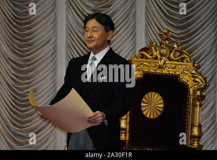 Tokyo, Japan. 04th Oct, 2019. Japan's Emperor Naruhito officially declares the opening of the 200th Extraordinary Diet session in Tokyo, Japan, on Friday, October 4, 2019. Photo by Mori Keizo/UPI Credit: UPI/Alamy Live News Stock Photo