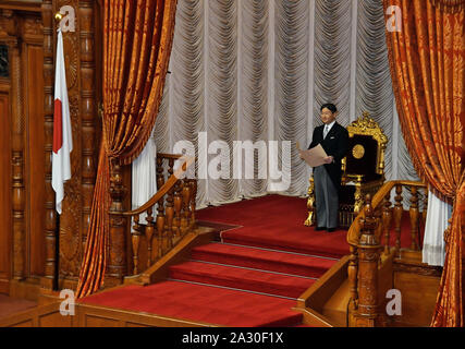 Tokyo, Japan. 04th Oct, 2019. Japan's Emperor Naruhito officially declares the opening of the 200th Extraordinary Diet session in Tokyo, Japan, on Friday, October 4, 2019. Photo by Mori Keizo/UPI Credit: UPI/Alamy Live News Stock Photo