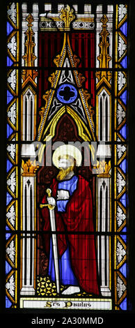 Stained Glass Window Depicting St Paul holding a sword, St James Church, Wigmore, Herefordshire Stock Photo