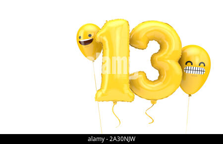 Number 13 birthday ballloon with emoji faces balloons. 3D Render Stock Photo