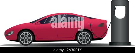 Red Hot European Style Sports-Car. Vector banner with electric car and charging station. Vector illustration comparing electric versus gasoline car Stock Vector