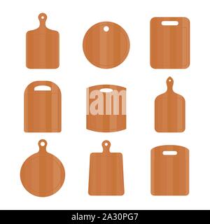 Set of wood cutting boards on white background. Empty wooden kitchen board collection. Kitchen equipment,utensils,kitchenware. Chopping boards. Vector Stock Vector