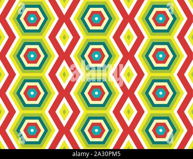 Vector seamless geometric pattern. White, turquoise, red, yellow, green hexagons and diamonds. Stock Vector