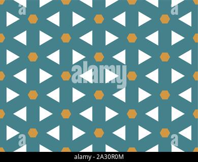 Vector seamless geometric pattern. Shaped brown hexagons and white triangles on blue background. Stock Vector