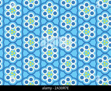 Vector seamless geometric pattern. Shaped flowers, circles, arrows in blue, white and yellow colors. Stock Vector