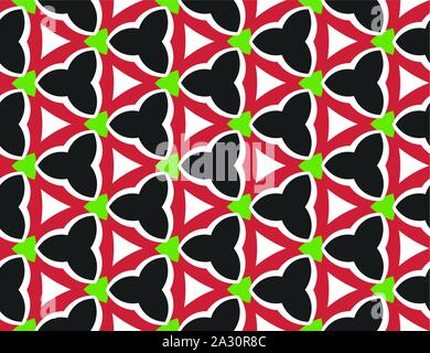 Vector seamless geometric pattern. Shaped in white, black, red and green colors. Stock Vector