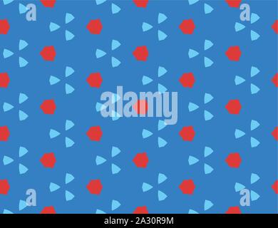 Vector seamless geometric pattern. Shaped red hexagons, light blue triangles on blue background. Stock Vector