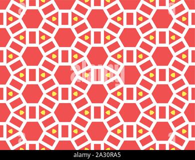 Vector seamless geometric pattern. Shaped white and yellow hexagons, triangles and rectangles on red background. Stock Vector