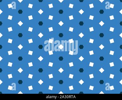 Vector seamless geometric pattern. Shaped dark blue hexagons and white square on blue background. Stock Vector